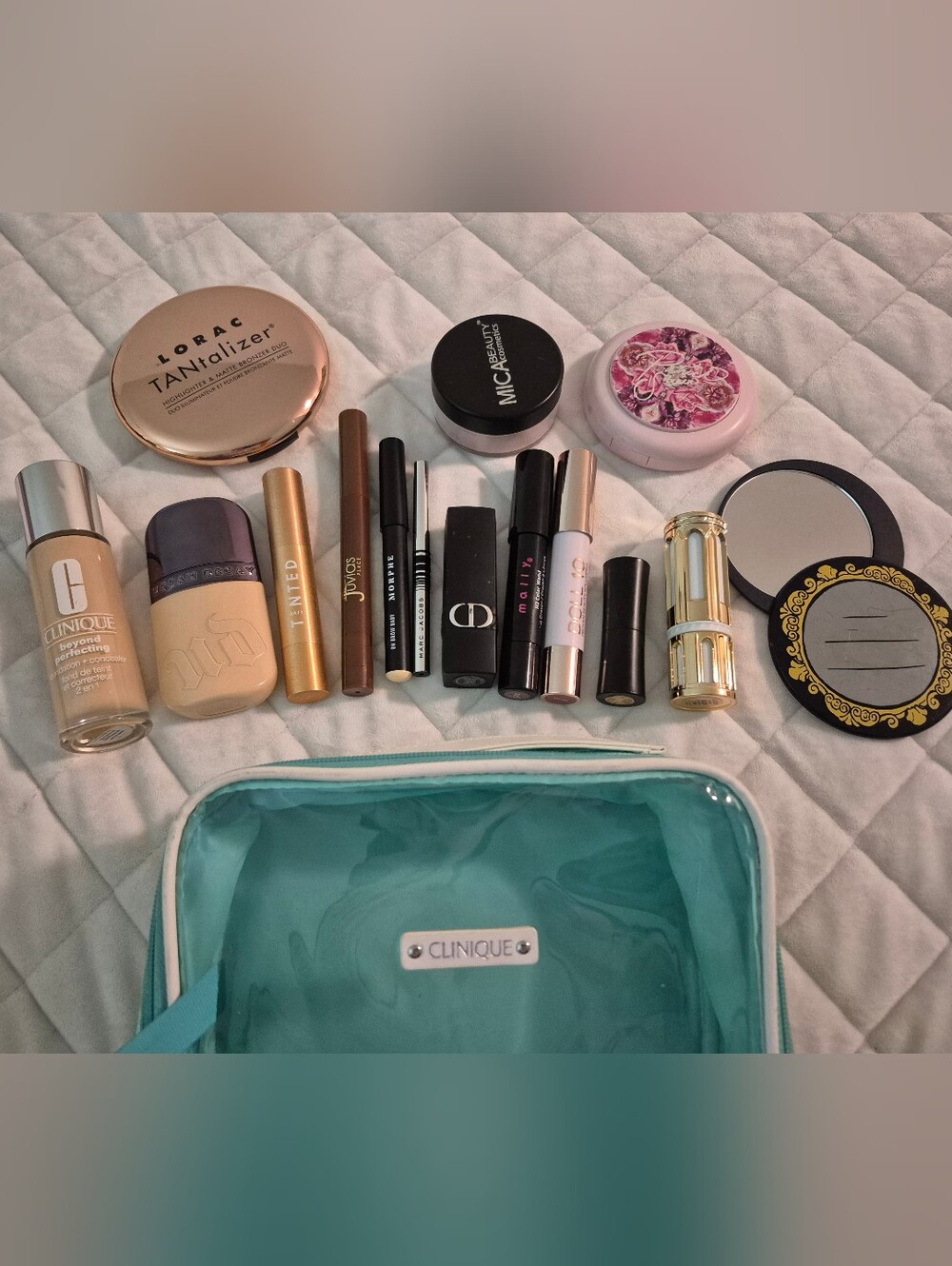 Clinique Teal Clear Cosmetic Travel Pouch with Mixed Makeup